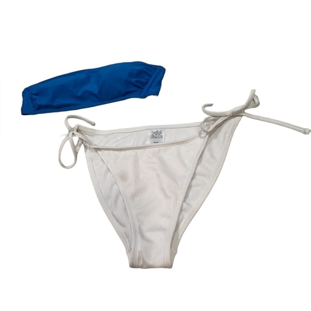 NWOT Wild Fable Strapless Blue Bandeau Top / White Ribbed Side Tie Bottom Bikini